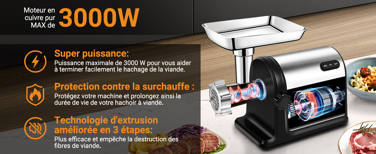 avec moteur de 3000 W. Les caractéristiques comprennent une puissance élevée, une protection contre la surchauffe et une technologie de broyage améliorée en 3 étapes. Construction en acier inoxydable avec affichage numérique.