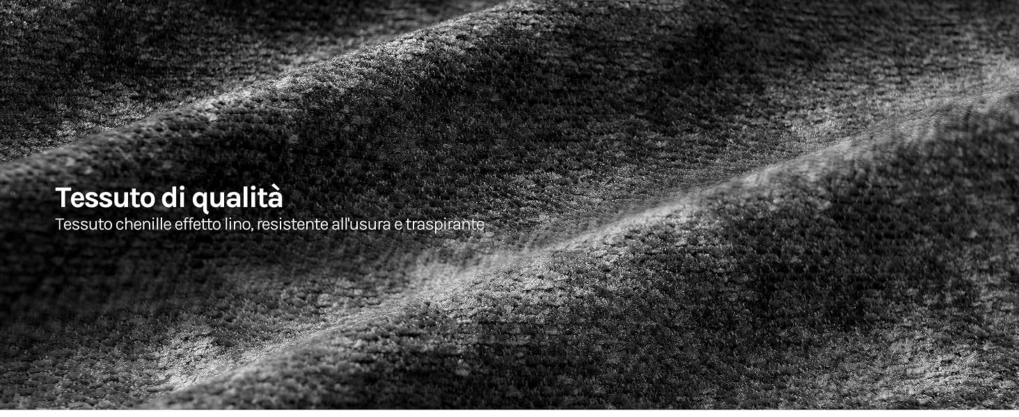 Il testo recita «Tessuto di qualità» e «Tessuto naturale e di lino tessuto, più ci è l'usura». Primo piano della trama del tessuto testurizzato che mostra materiale di lino naturale con un motivo superficiale dettagliato.