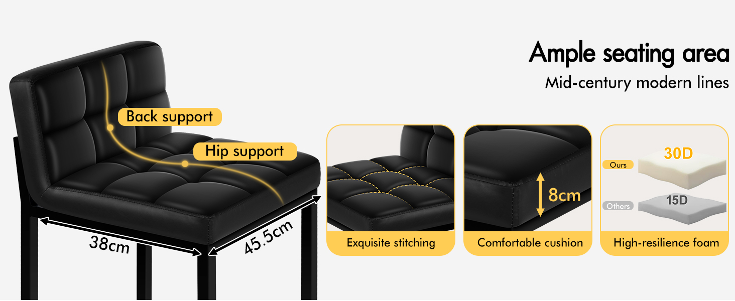 Text reads 'Ample seating area' with labeled diagram of adjustable black leather sofa bed showing dimensions and features like 'High-resilience foam' and 'Durable stitching'.
