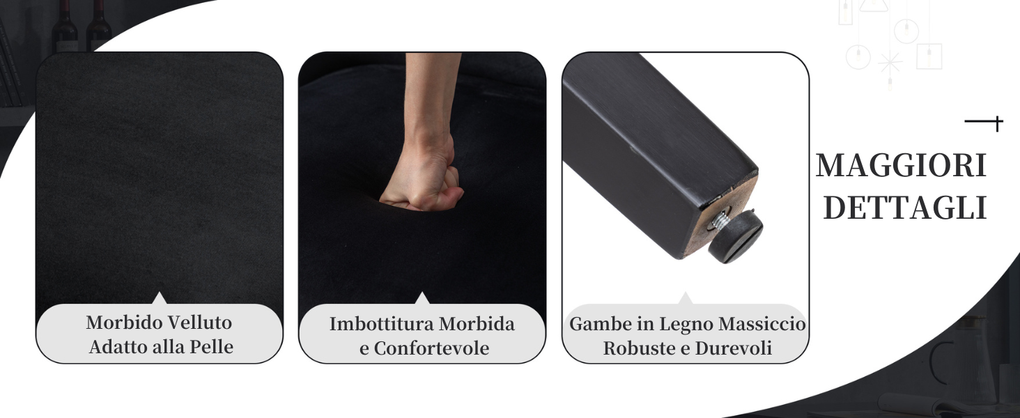 Immagine a tre pannelli che mostra le caratteristiche di un prodotto: superficie in morbido velluto, morbida imbottitura per i piedi e robuste gambe in legno. Il testo indica 'Maggiori dettagli' (Maggiori dettagli