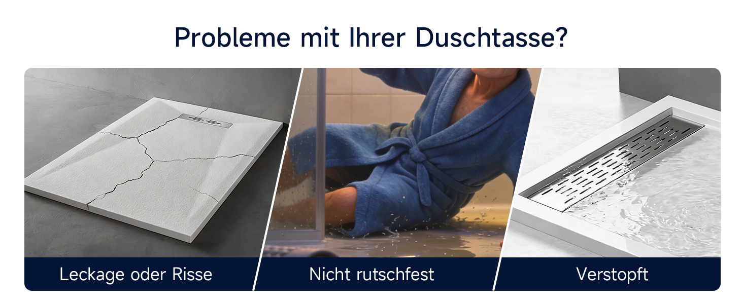 Text reads 'Probleme mit Ihrer Duschkasse?' Multiple images showing shower tray installation process, including cleaning, measuring, and application of materials.