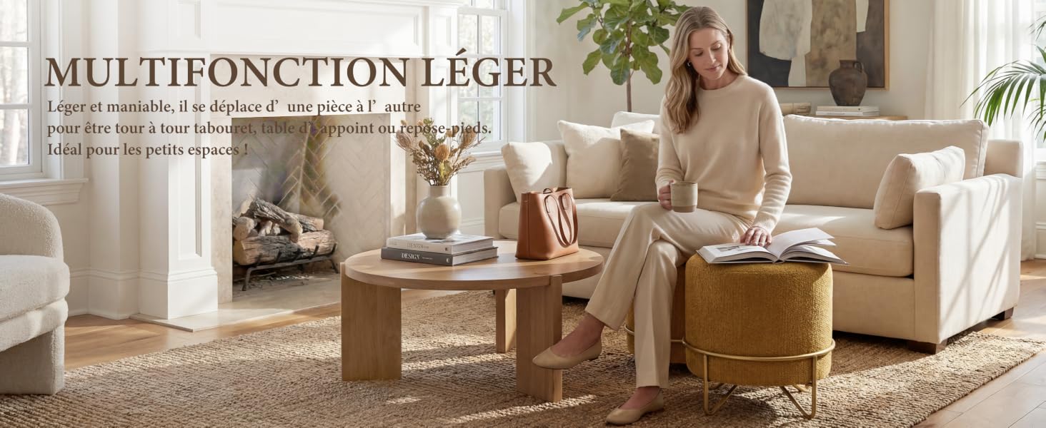 Le texte indique « MULTIFONCTION LÉGER ». Scène intérieure montrant un salon de couleur claire avec des meubles beiges et un éclairage naturel, avec un meuble polyvalent.