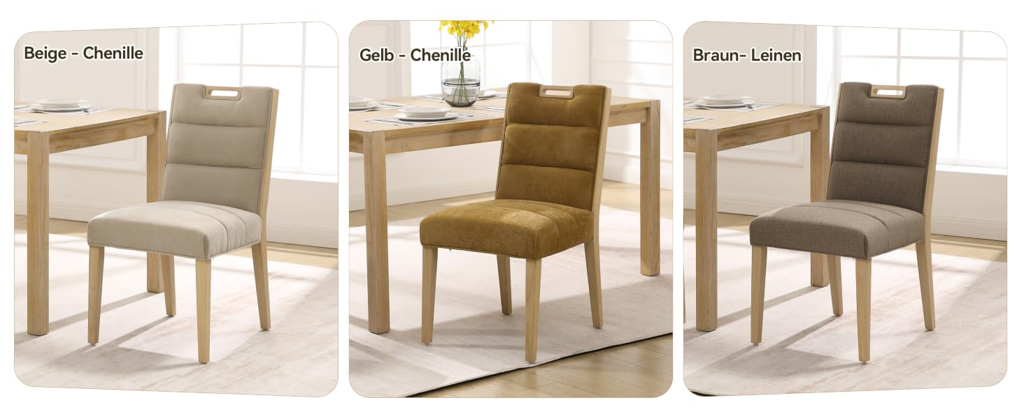 Serie von Produktfotos, die gepolsterte Esszimmerstühle in Beige und Grau aus verschiedenen Blickwinkeln zeigen. Die Stühle verfügen über ein schlichtes, modernes Design mit Stoffpolstern und Holzbeinen.