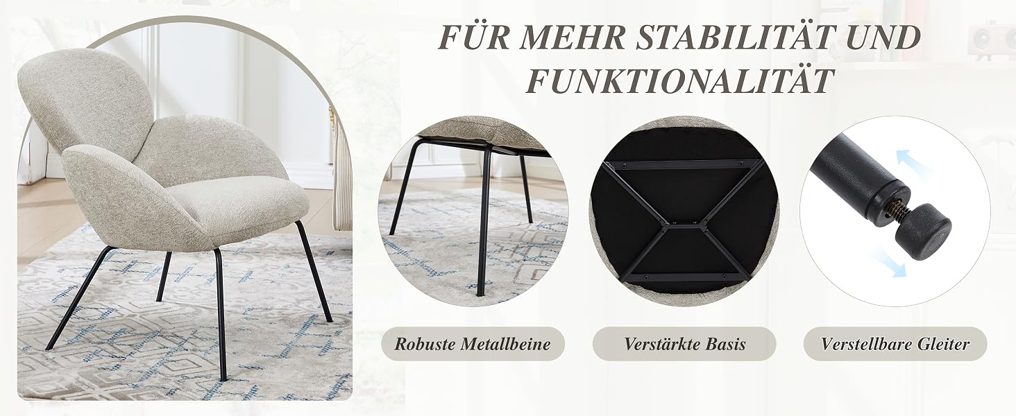 Der Text lautet „FÜR MEHR STABILITÄT UND FUNKTIONALITÄT“. Technisches Diagramm, das verschiedene Stuhl- oder Möbelkomponenten und Montageteile in Graustufen zeigt.