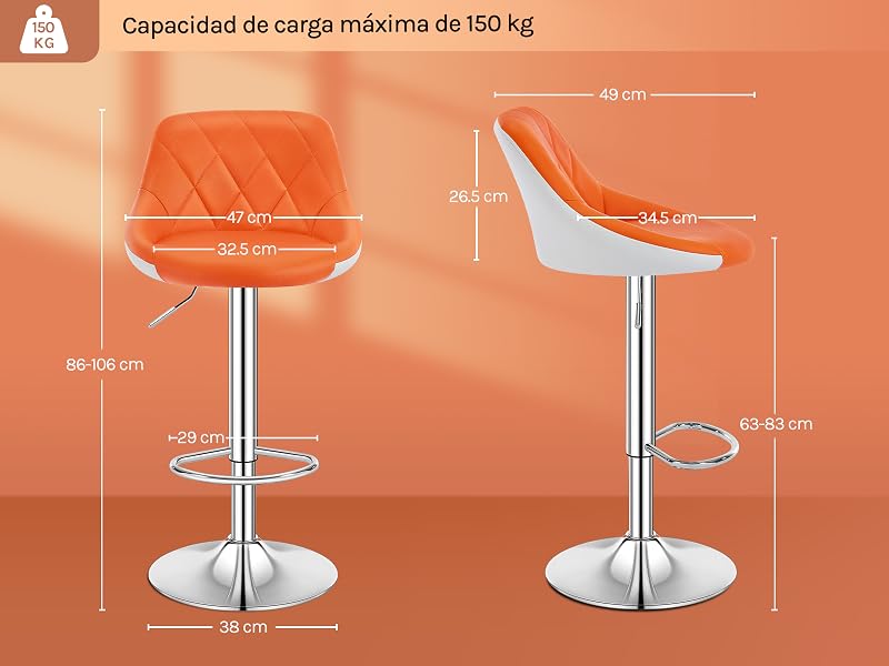 El texto dice «Capacidad de carga máxima de 120 kg.» Diagrama técnico que muestra las medidas y especificaciones de los taburetes o sillas de bar ajustables con asientos circulares y bases cromadas.