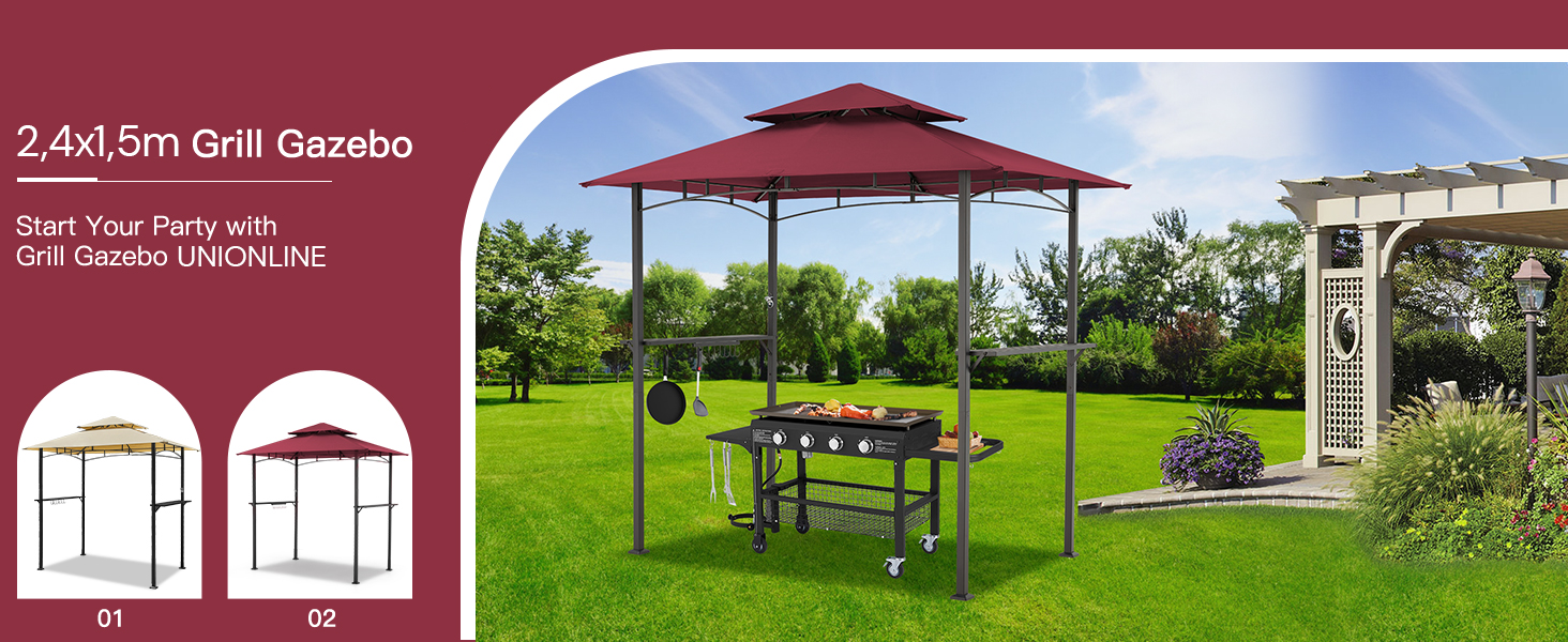 Der Text lautet „2,4 x 1,6 m großer Grillpavillon“. Mehrere Bilder zeigen eine rote Gartenlaube mit technischen Diagrammen und Installationsansichten in Gartenanlagen.