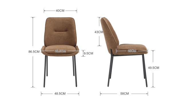 Sedia da pranzo imbottita con seduta imbottita marrone, gambe in metallo, mostrate dagli angoli anteriore e laterale con le misure delle dimensioni etichettate (larghezza 80 cm, altezza 90 cm, profondità 60 cm).
