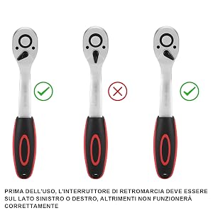 Tre chiavi a cricchetto bianche identiche con manici neri e rossi. Segni di spunta verdi sotto due chiavi, X rossa sotto quella centrale. Testo italiano qui sotto