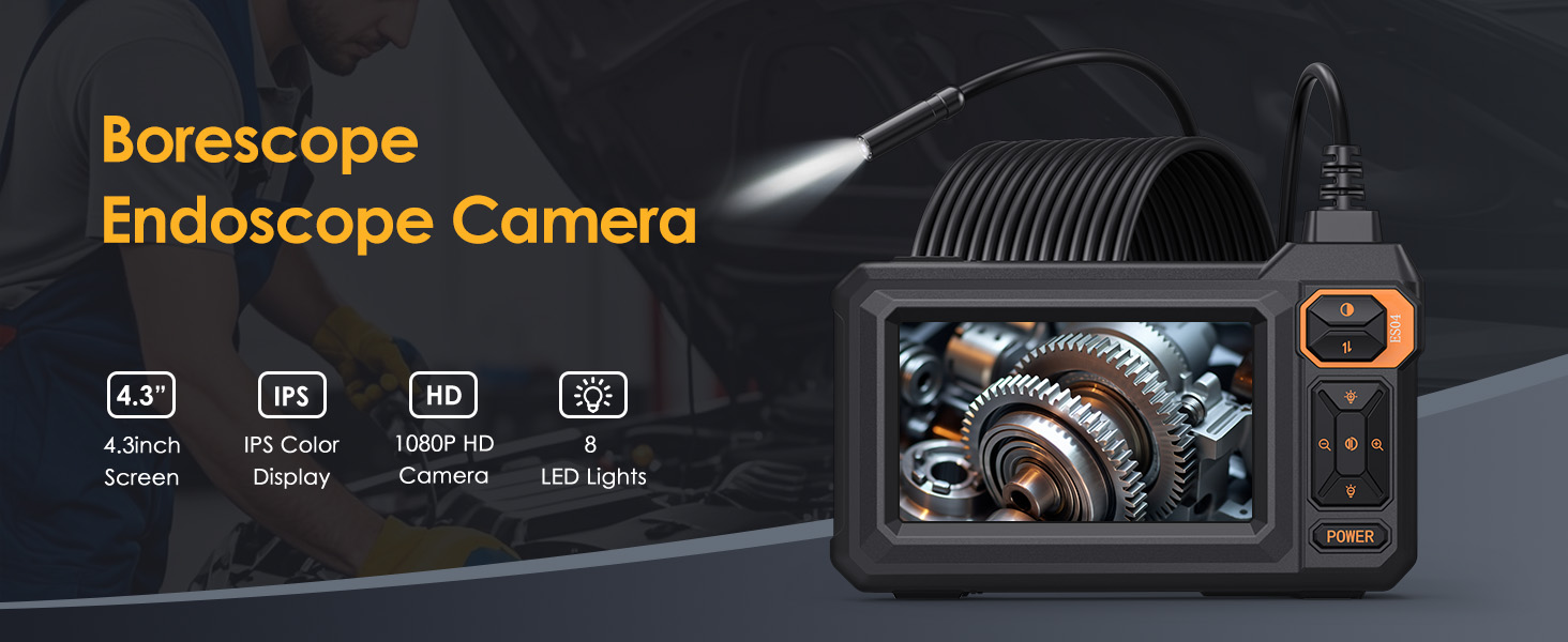 con schermo a colori IPS da 4,3 pollici, fotocamera HD 1080p e 8 luci LED Include un'unità schermo portatile collegata a una sonda flessibile per fotocamera.