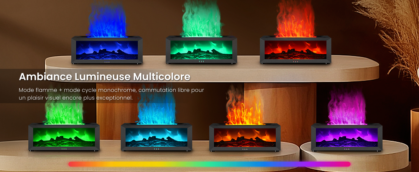 Le texte indique « Ambiance lumineuse multicolore ». Affichage de lumières LED de plusieurs couleurs (bleu, vert, rouge, violet) disposées sur une surface en bois.