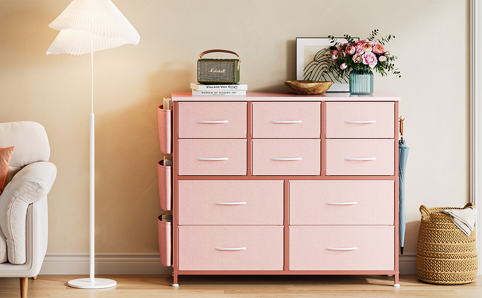 commode à tiroirs en tissu commode rose avec 10 tiroirs