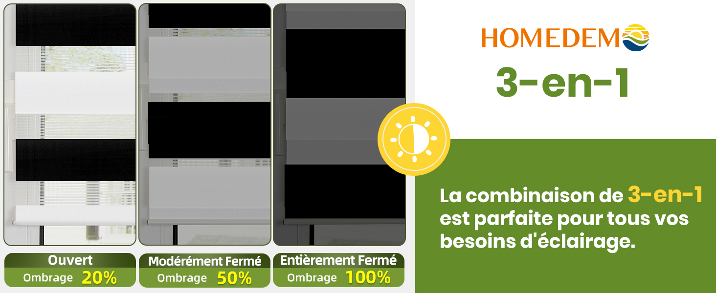 Schéma à trois panneaux montrant les niveaux d'opacité des fenêtres de 20 % à 100 %, étiquetés « ouvert » à « entièrement fermé », avec la marque Homedem 3-en-1.