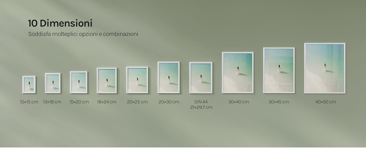 Il testo recita «10 Dimensioni» con il testo dei sottotitoli in basso. Display a griglia che mostra dieci elementi rettangolari bianchi di varie dimensioni disposti orizzontalmente.