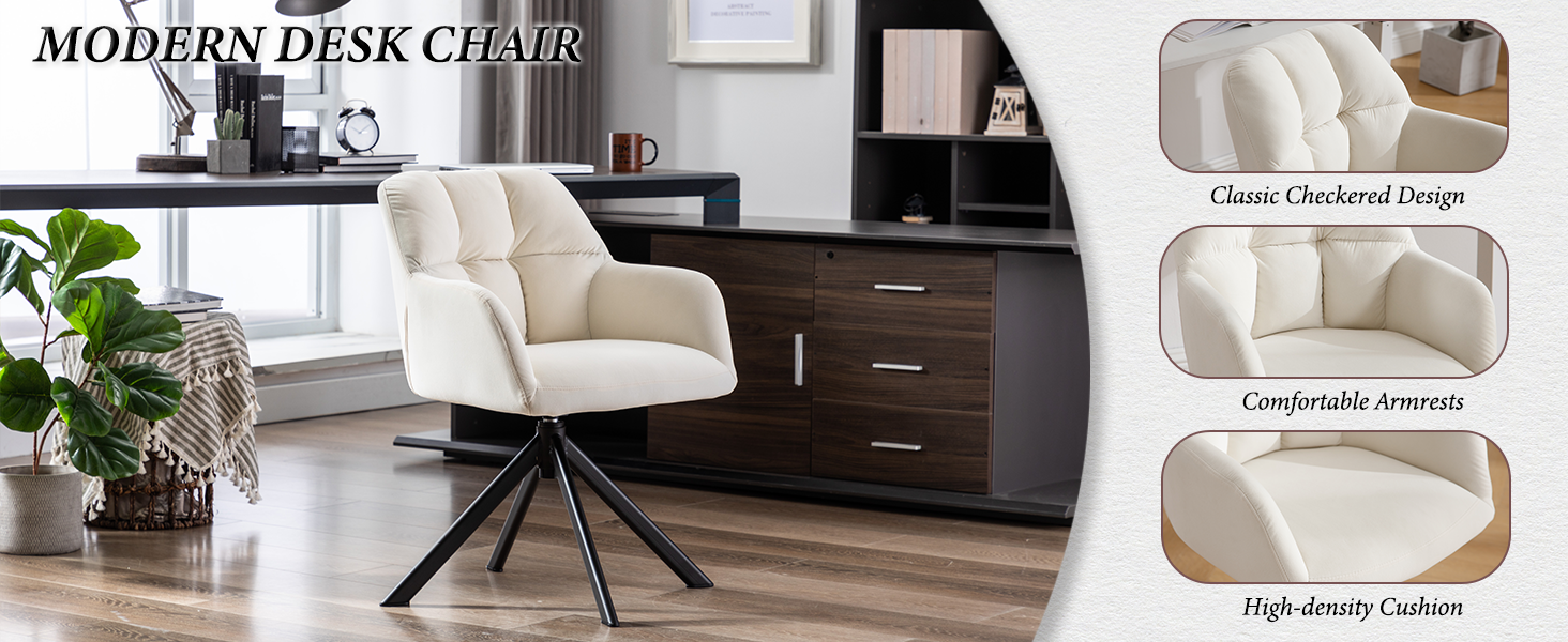 Modern desk chair with cream upholstery, tufted backrest, and black swivel base. Features include comfortable armrests and high-density cushion, shown in office setting with desk and storage unit.