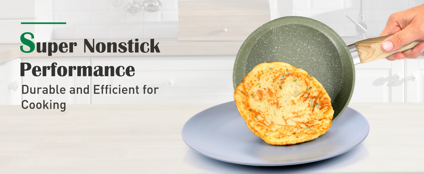Green nonstick frying pan with omelet being flipped onto a blue plate. Text highlights 'Super Nonstick Performance' and durability for cooking.
