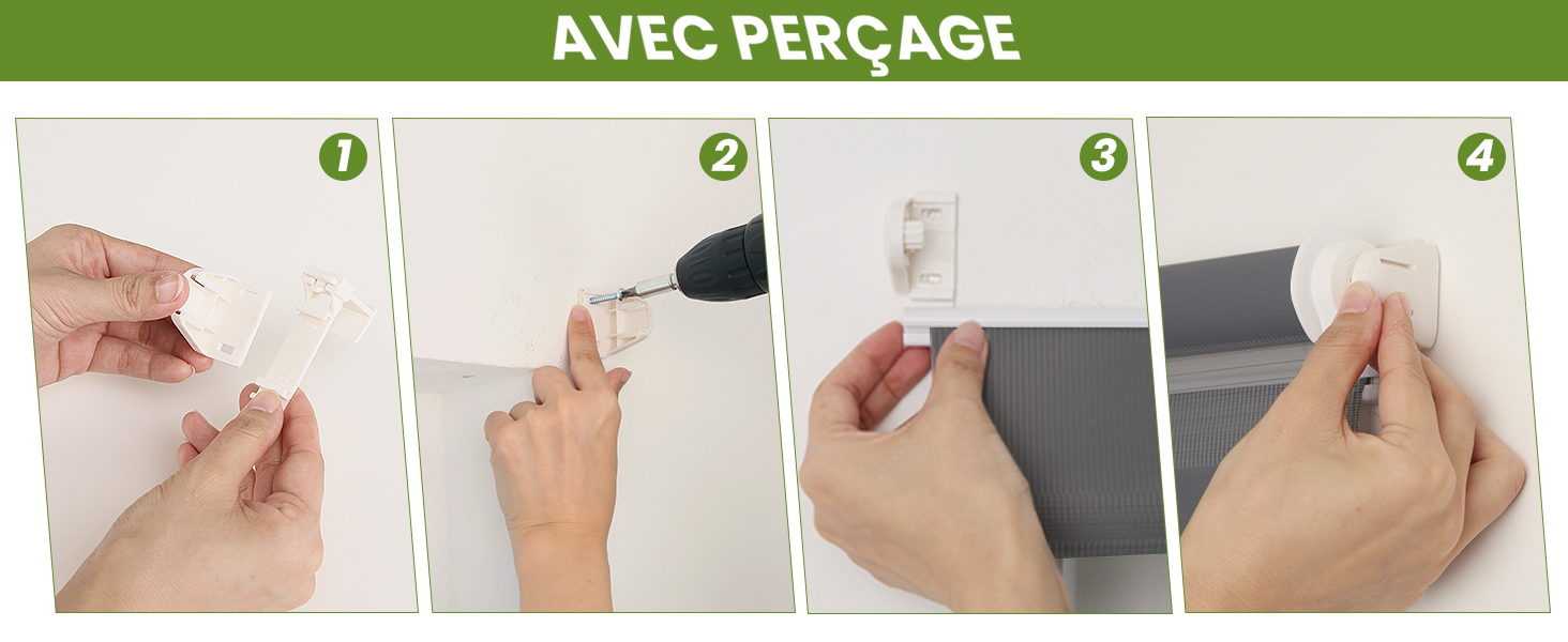 Guide d'instructions en quatre étapes pour appliquer un produit, probablement un protecteur d'écran ou un autocollant. Mains présentant des actions de peeling, d'alignement et de lissage