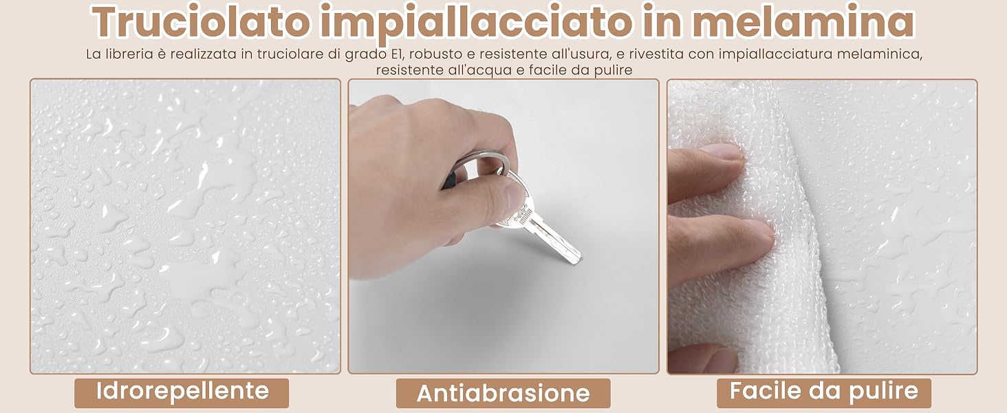 Immagine a tre pannelli che mostra le proprietà della superficie melaminica: perline con gocce d'acqua, superficie liscia che si tocca con le dita