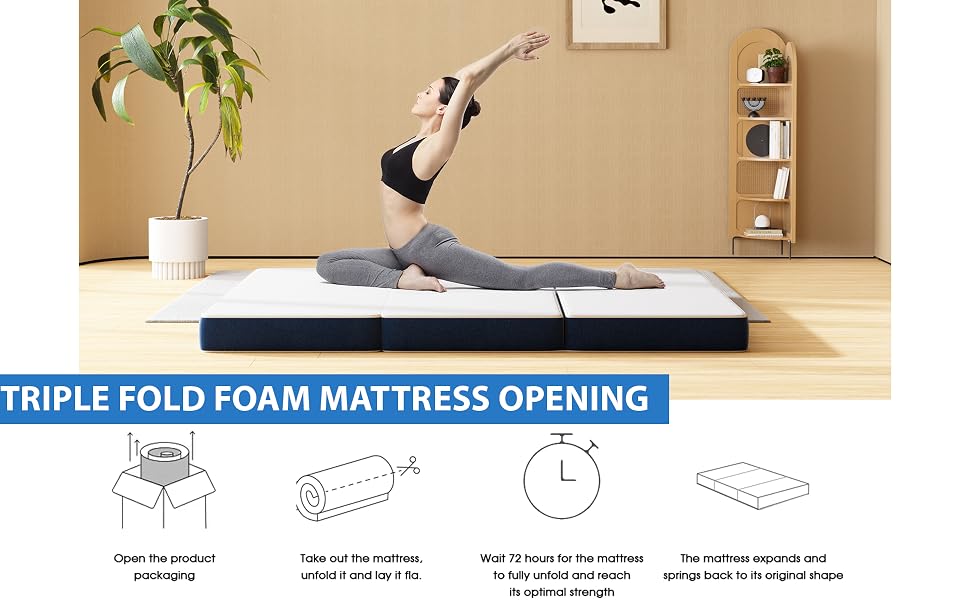 Le texte indique « OUVERTURE DU MATELAS EN MOUSSE À TROIS PLIS ». Démonstration étape par étape montrant le processus de dépliage d'un matelas en mousse sur le sol.