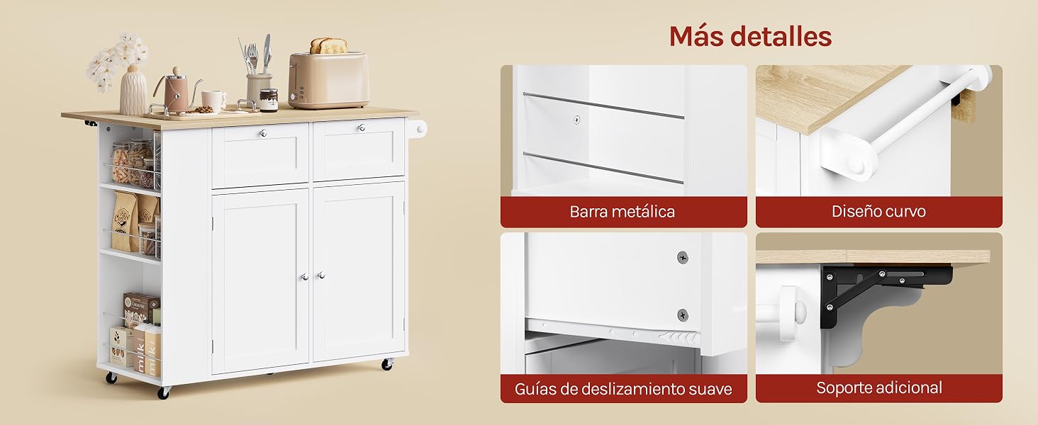 El texto dice «Más detalles». Se muestra un armario de almacenamiento blanco con estanterías y puertas, con cuatro paneles de detalles del producto que muestran las características y especificaciones.