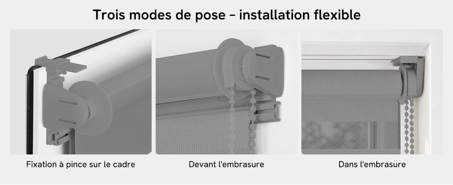 Le texte indique « Trois modes de pose - installation flexible » avec trois schémas de méthodes d'installation illustrant les options de positionnement des supports : montage mural, montage en surface et montage sur fenêtre.