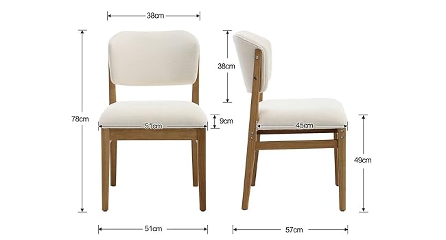 Technical dimensions diagram of wooden dining chair with upholstered cream-colored seat, showing width, depth, and height measurements with side and front views.