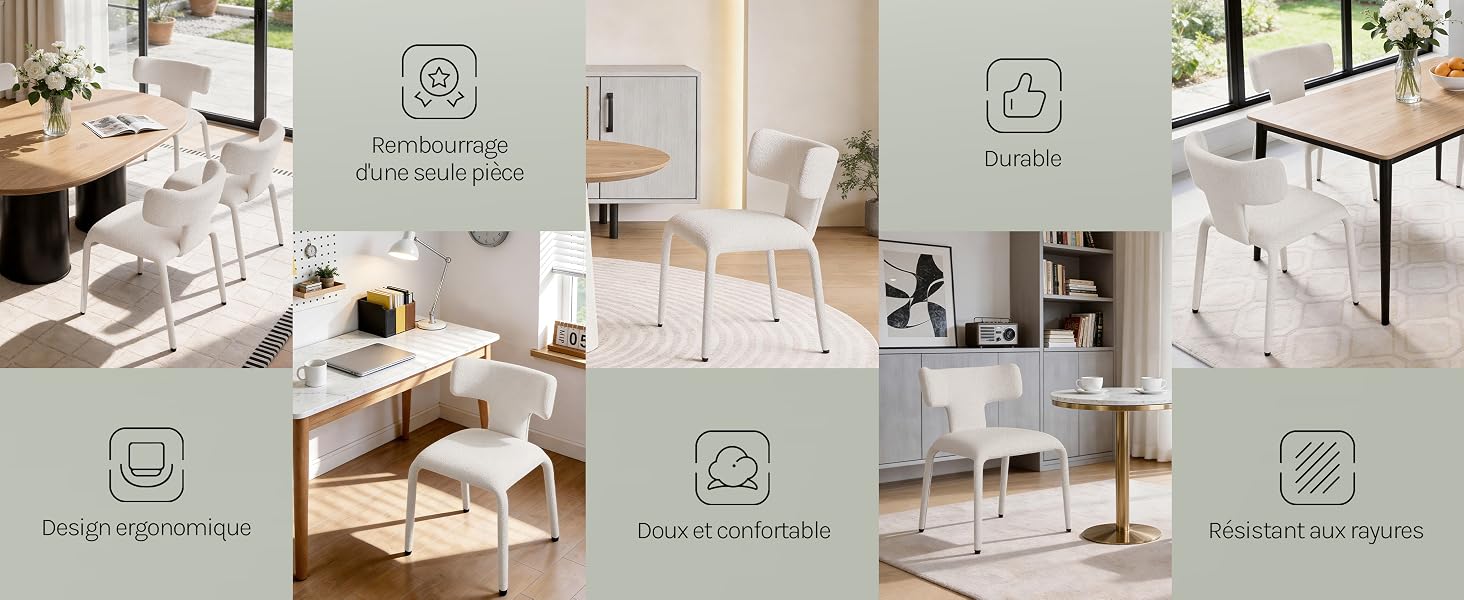 Série de photos d'intérieur minimalistes montrant des configurations de bureaux blancs et des aménagements d'espaces de travail avec divers accessoires technologiques et solutions d'organisation.
