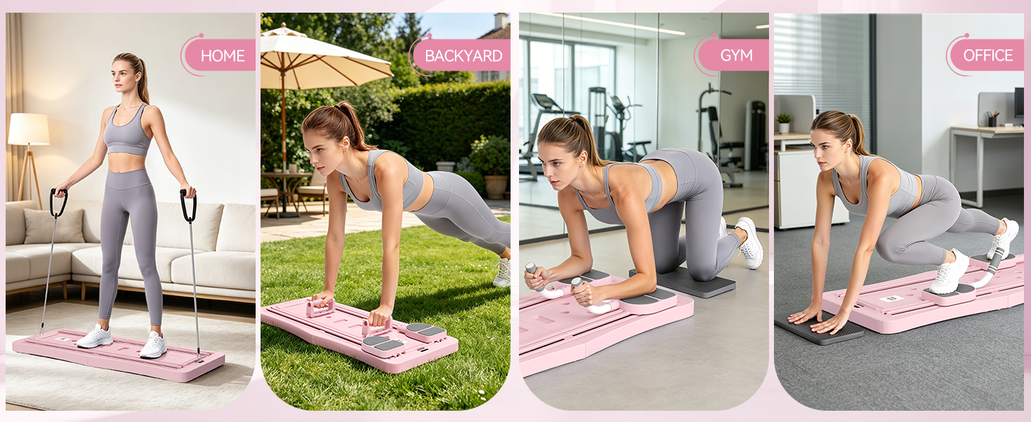 Composite mit vier Produkt-Lifestyle-Fotos mit rosafarbenen Akzenten. Die Bilder zeigen Fitness-/Trainingsgeräte oder Matten, die drinnen und draußen von verschiedenen Personen in verschiedenen Posen verwendet werden.