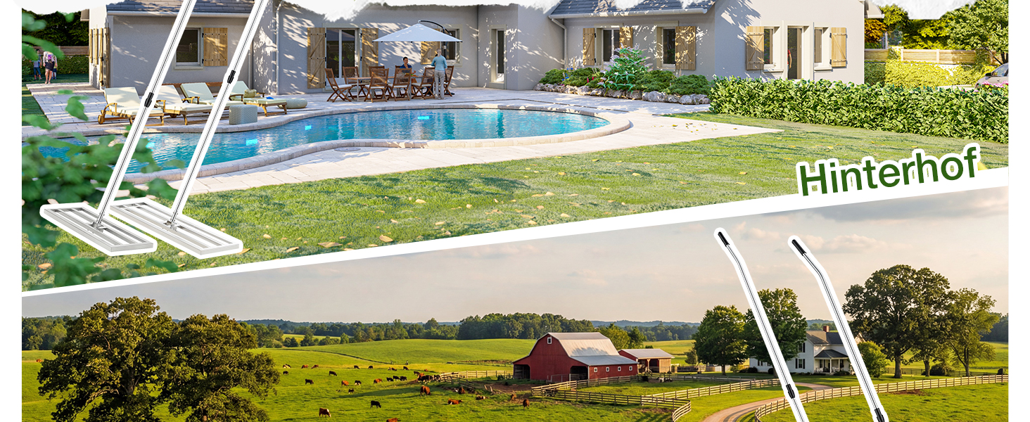 Der Text lautet „Hinterhof“. Panoramablick auf den Außenbereich mit Blick auf den Poolbereich und den angelegten Garten aus mehreren Blickwinkeln.