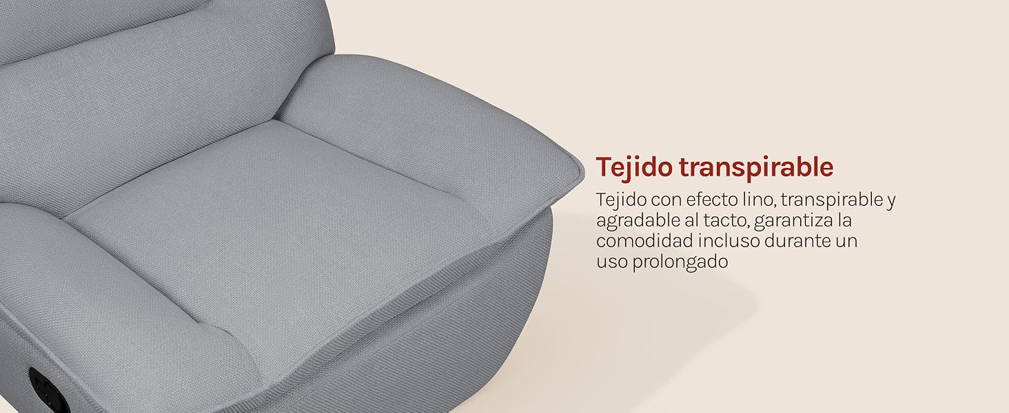 El texto dice «Tejido transpirable» (tejido transpirable). Sillón tapizado en gris con asiento y respaldo acolchados, que se muestra sobre un fondo beige.