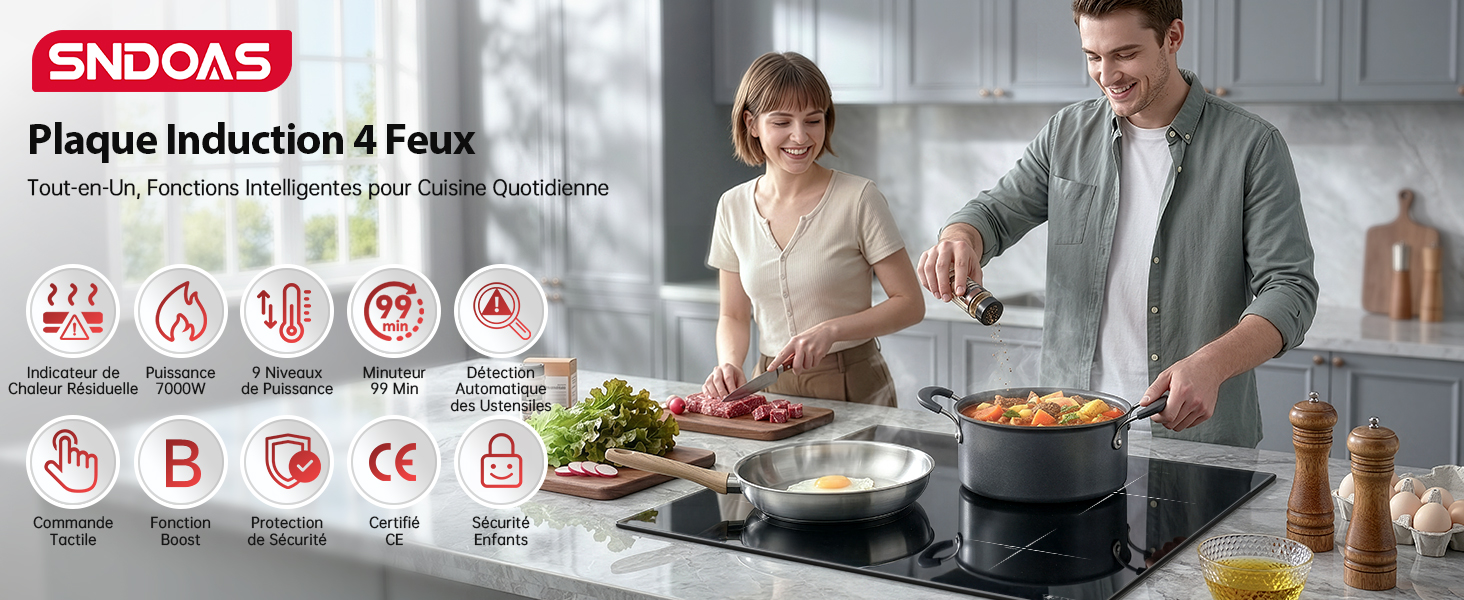 Le texte indique « SINDOAS », « Phase Induction 4 Feux », « Tout en 1, Pélection Intelligente pour Cuisine » avec des icônes de certification. Femme et homme utilisant une table de cuisson à induction dans un environnement de cuisine moderne.