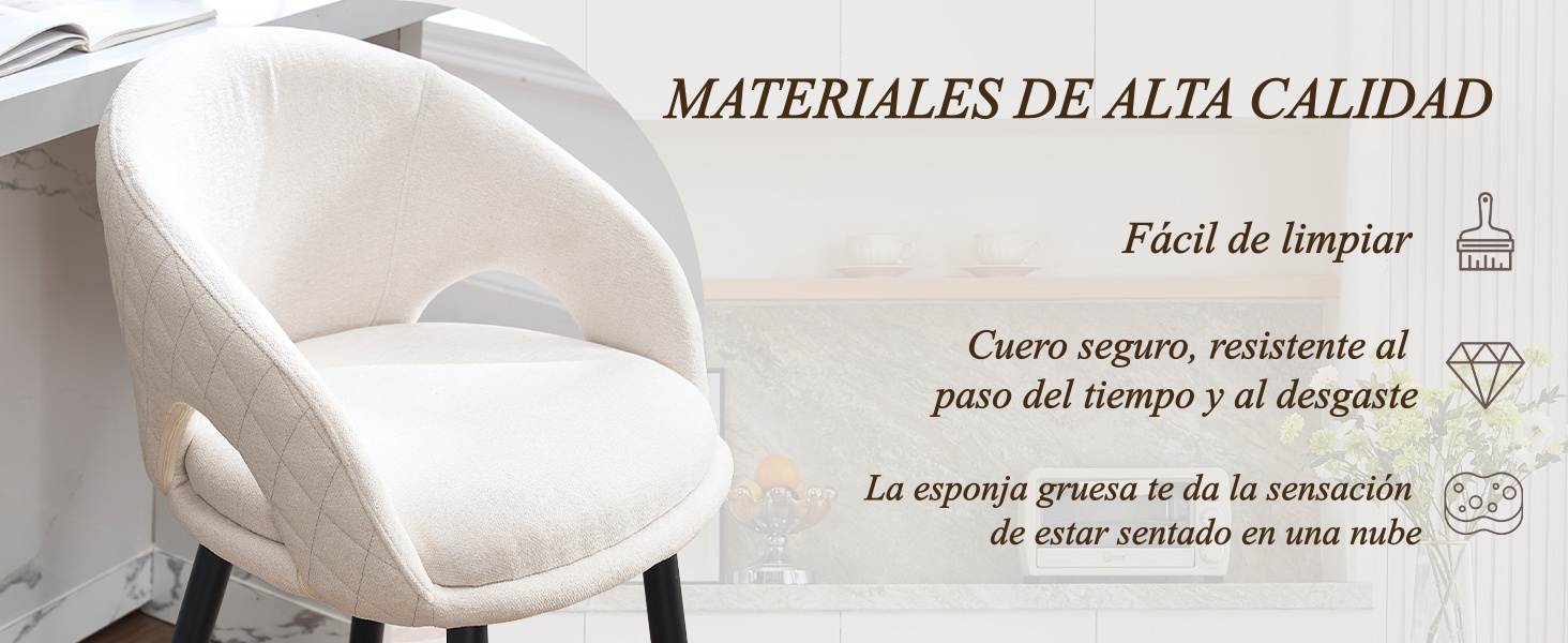 El texto dice: «MATERIALES DE ALTA CALIDAD», «Fácil de limpiar», «Cuero seguro, resistente al paso del tiempo y al desgaste», «La espuma gruesa evita la presión». Infografía de las características del producto en español.
