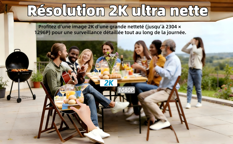 Le texte indique « Résolution 2K ultra nette ». Scène de rassemblement en plein air avec des personnes assises à une table, un grill visible en arrière-plan.