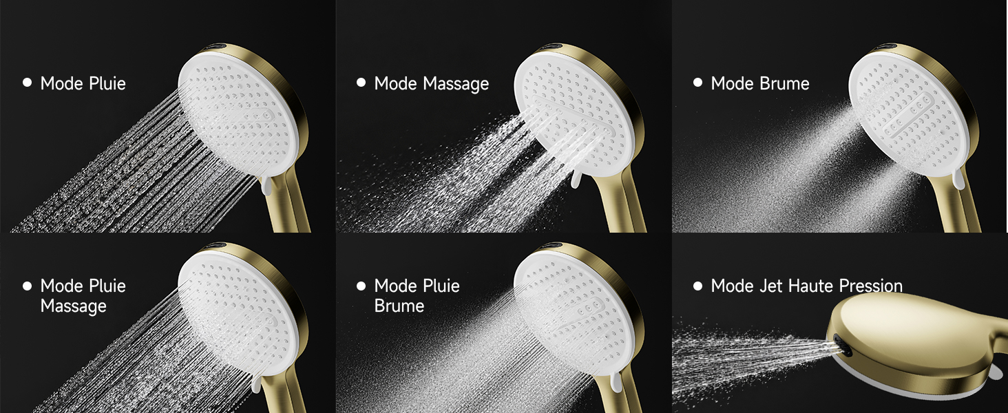 Le texte indique « Mode Plus », « Mode Massage », « Mode Bruise », « Mode Plus Ecchymose » et « Mode Tous les modes Premier plan ». Six modèles de pulvérisation de pommeau de douche portatif illustrés en grille sur fond noir.