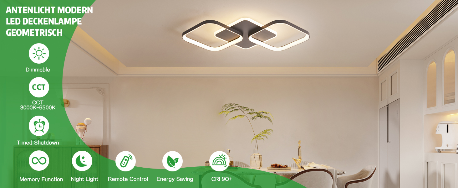 Moderne geometrische LED-Deckenleuchte mit ineinandergreifenden rechteckigen Formen. Zu den Merkmalen gehören dimmbares Licht, einstellbarer CCT, Energieeffizienz und Fernsteuerungsfunktionen