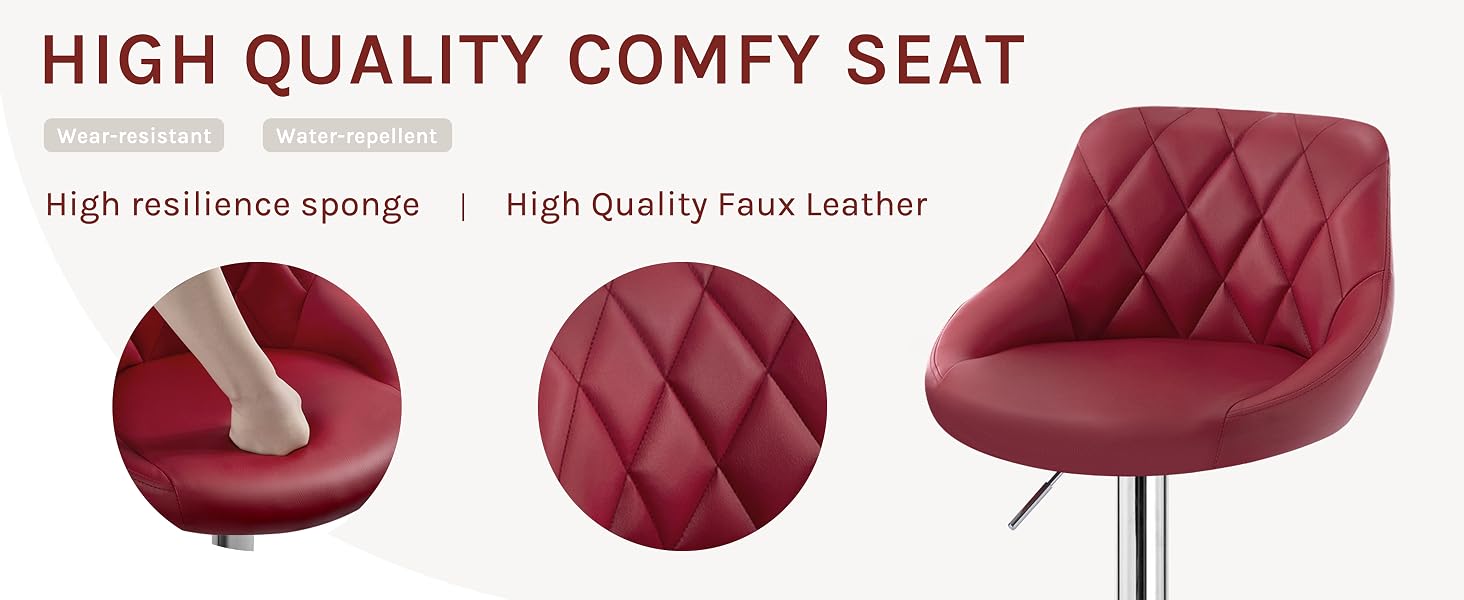 Red quilted faux leather chair with high resilience sponge seat. Features diamond-patterned upholstery and a circular base with chrome finish stem.