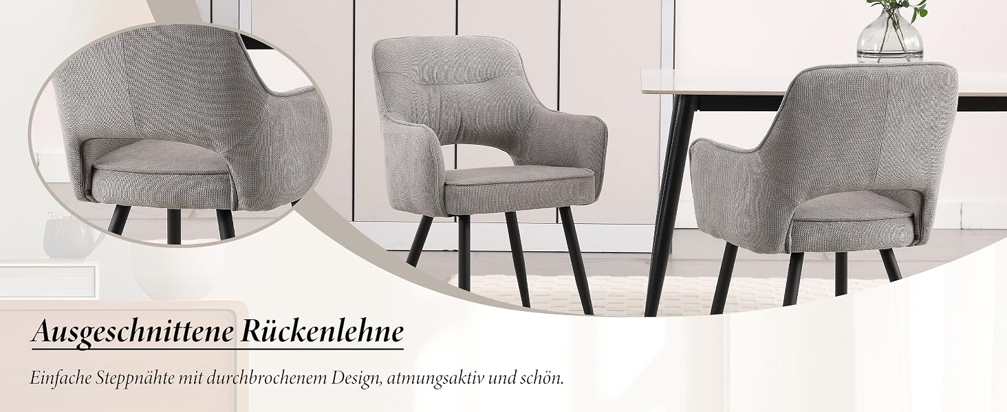 Moderne graue, gepolsterte Akzentstühle mit getufteter Rückenlehne und Metallbeinen, die in einer Raumumgebung aus mehreren Blickwinkeln dargestellt werden.