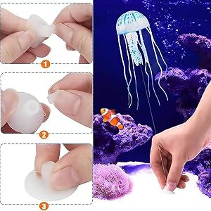 Step-by-step guide for assembling a jellyfish-shaped aquarium decoration. Includes finished product glowing in a blue-lit tank with coral.