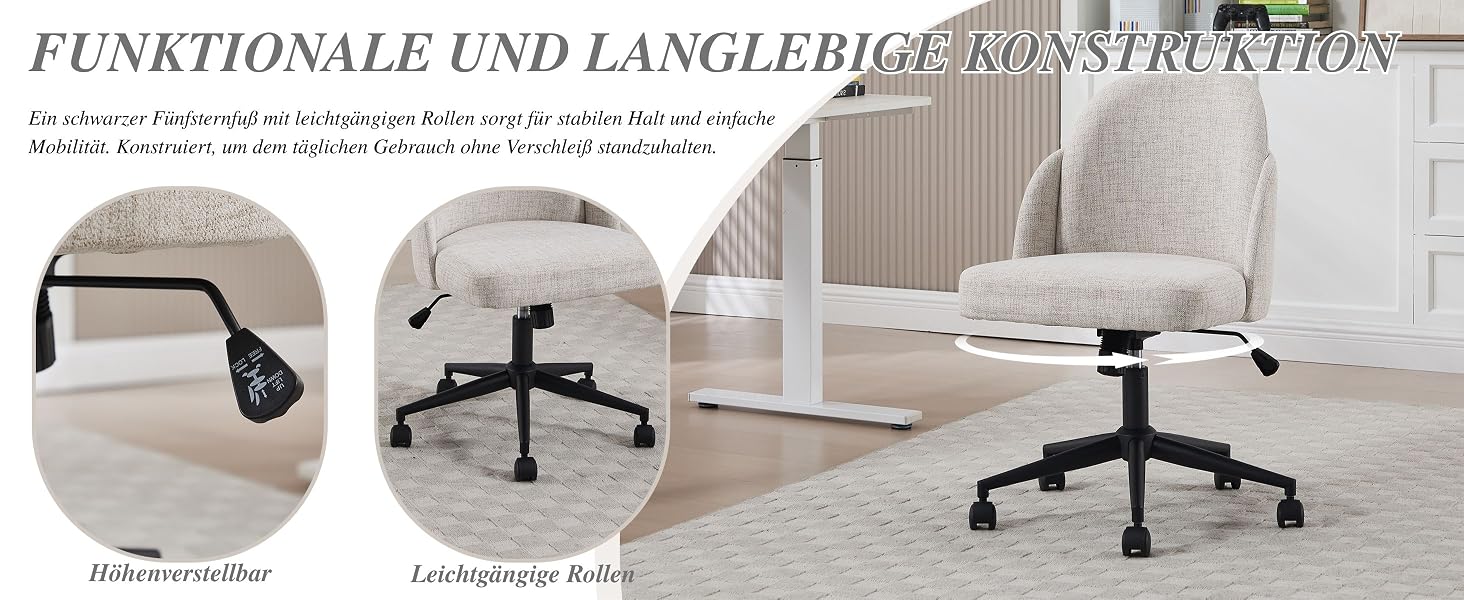 Der Text lautet „FUNKTIONALE UND LANGWIERIGE KONSTRUKTION“. Technisches Diagramm oder Schema, das Einzelheiten der Möbelkonstruktion mit kreisförmigen Abbildungen der Bauteile zeigt.