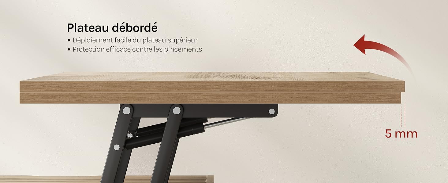Le texte se lit comme suit : « Plateau déroulable », sous-titré en dessous. Planche à découper en bois avec support métallique noir, mécanisme de support et indicateur de mesure indiquant « 5 mm ».