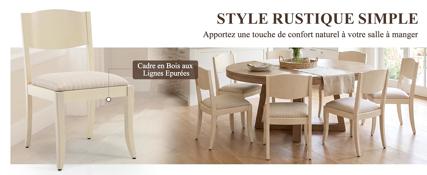 Le texte indique « STYLE RUSTIQUE SIMPLE ». Ensemble de meubles de salle à manger en bois clair comprenant une table ronde et des chaises assorties avec des sièges en jonc tressé présentés dans un décor intérieur neutre.