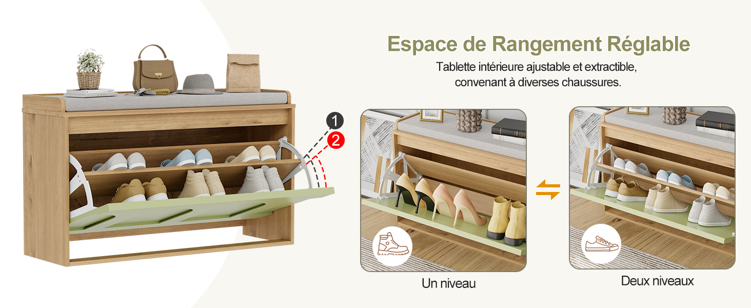 Le texte indique « Espace de rangement Réglable » avec un sous-titre sur les étagères ajustables. Meuble de rangement en bois avec plusieurs compartiments et photos détaillées montrant les configurations « Un-réglé » et « Deux réglés ».