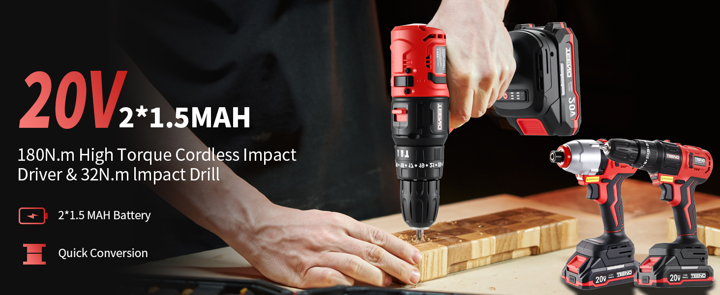 Le texte indique « 20 V 2 x 1,5 mAh » « Tournevis à percussion sans fil à couple élevé » « Conversion rapide ». Démonstration d'une perceuse électrique sans fil rouge et noire sur une surface en bois.