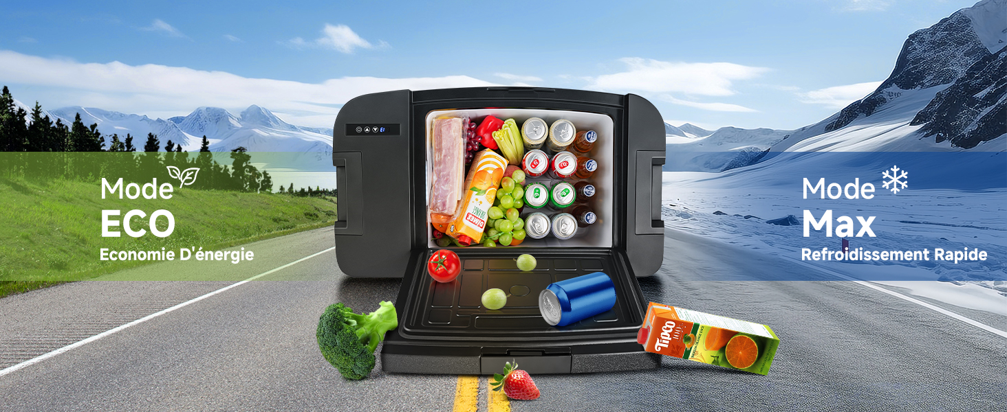 avec affichage numérique indiquant les aliments et les boissons à l'intérieur. Comprend les modes de refroidissement « ECO » et « Max ». Présenté sur la route avec des paysages montagneux contrastés.