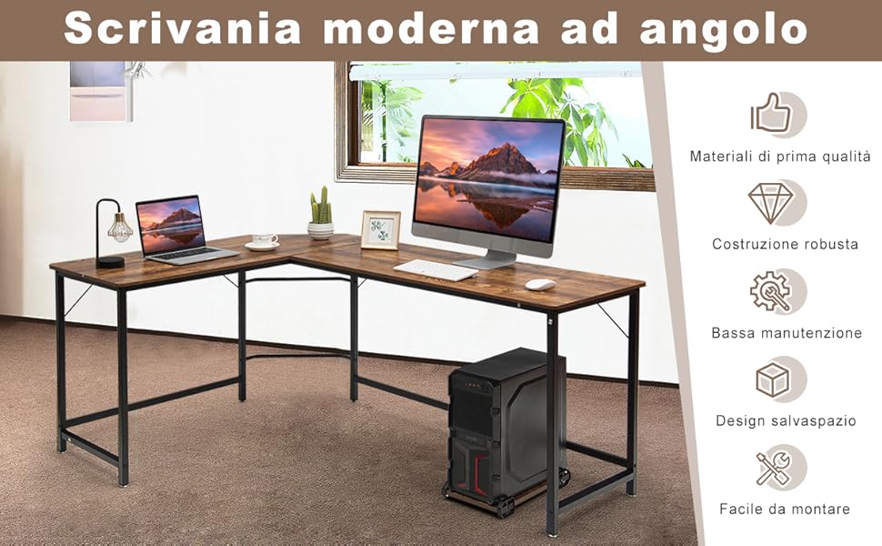 COSTWAY Scrivania Angolare in Legno e Ferro, Scrivania Porta PC con Porta  CPU, Scrivania Salvaspazio Ideale per Studio e Ufficio, Portata Massima 100  kg, 168 x 125 x 74 cm Caffè