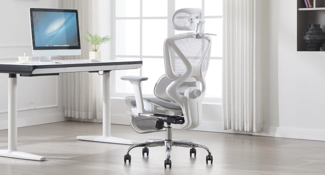Series of images showing a minimalist white office setup with height-adjustable desk, ergonomic chair, and computer monitor in bright space.