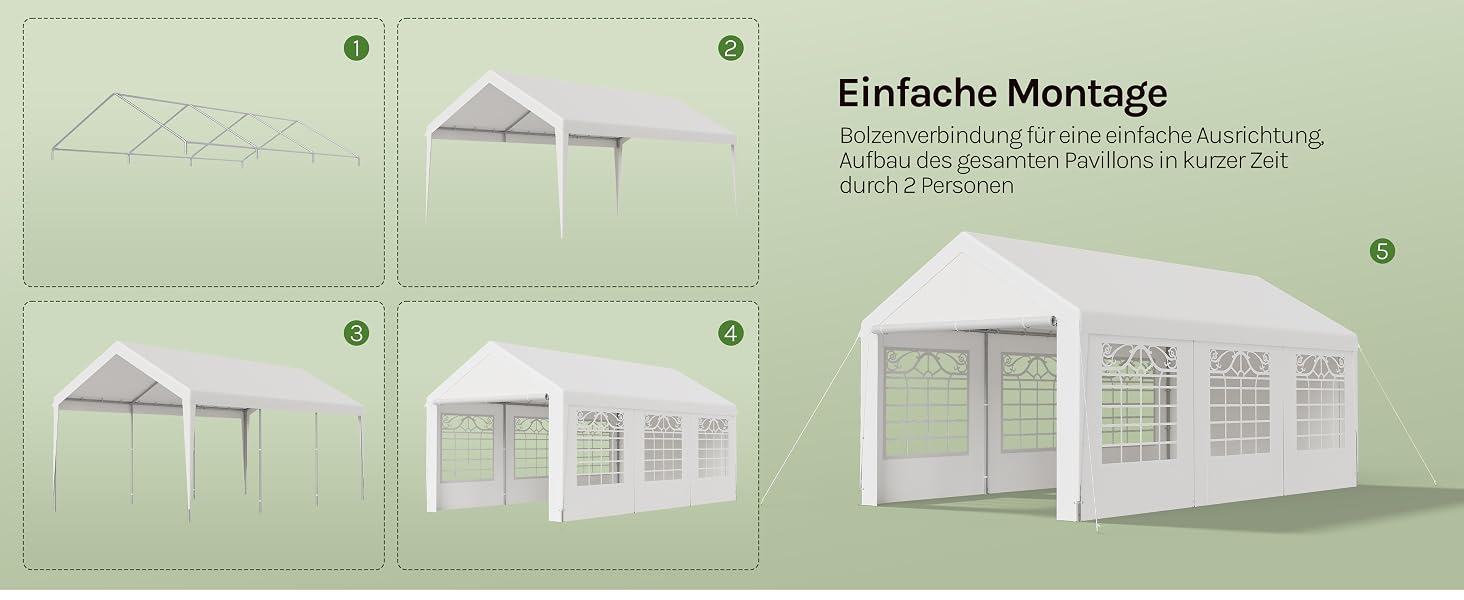 Der Text lautet „Einfache Montage“. Eine vierteilige Montageanleitung zeigt die einzelnen Etappen des Baus von Gartenhäusern oder Pavillons, vom einfachen Dachrahmen bis hin zur kompletten geschlossenen Konstruktion mit Fenstern.