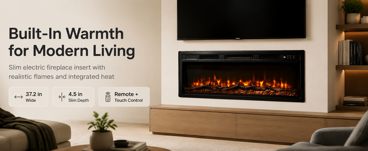 Text reads 'Built-In Warmth for Modern Living' with partial view of fireplace insert in wall with orange flame glow effect.