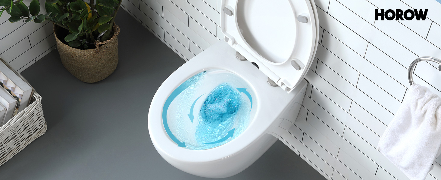 a toilet with blue water in it and white tiled wall