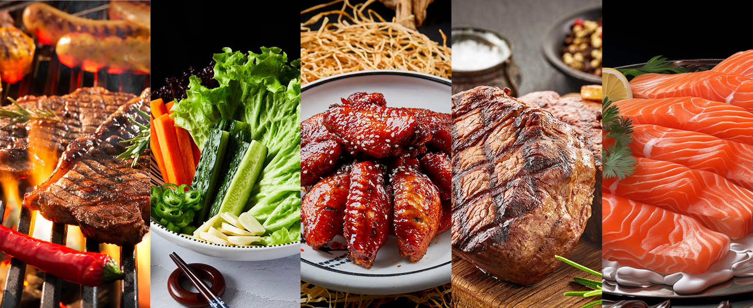 Collage of grilled meats and seafood dishes, including steak, salmon, sausages, and various vegetables, showcasing a variety of protein-rich meal options.