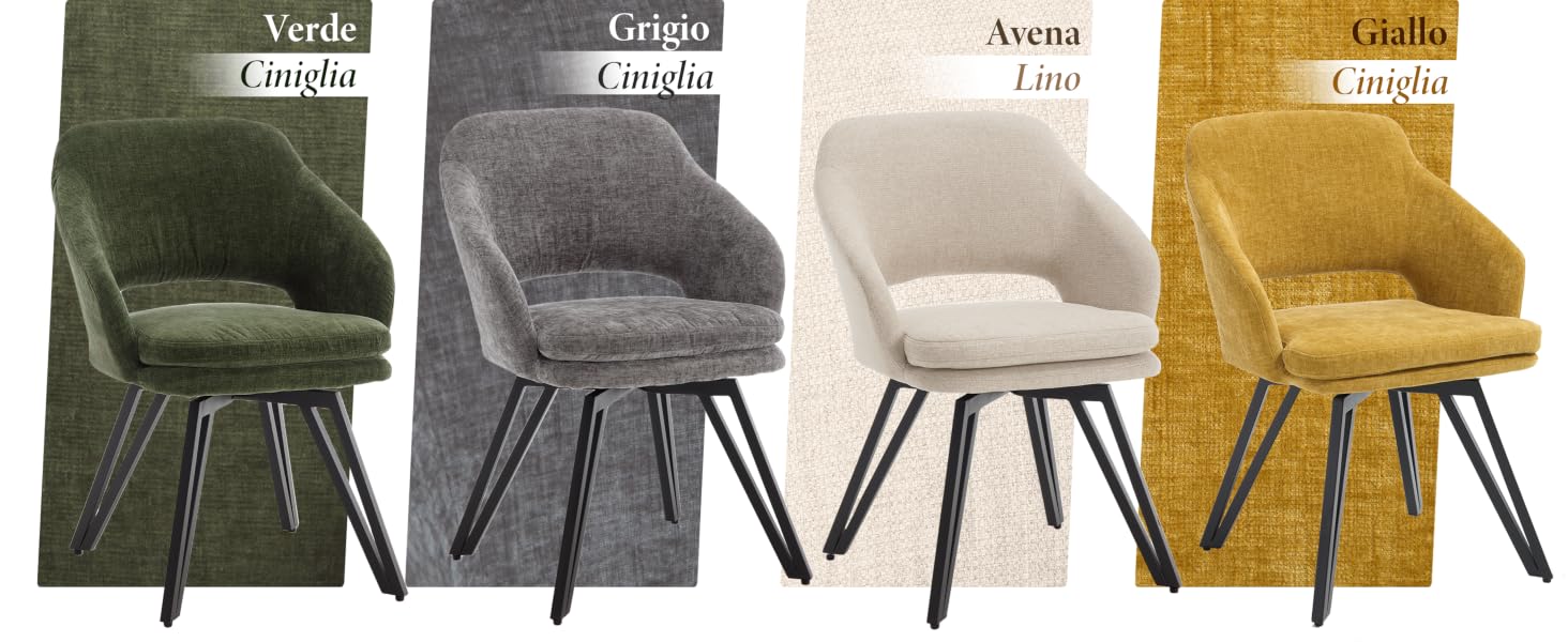 Il testo recita: 'Verde', 'Gris', 'Arena', 'Caoba'. Quattro sedie da pranzo moderne proposte in diversi colori: verde, grigio, sabbia e mogano, con schienali curvi e gambe in metallo.